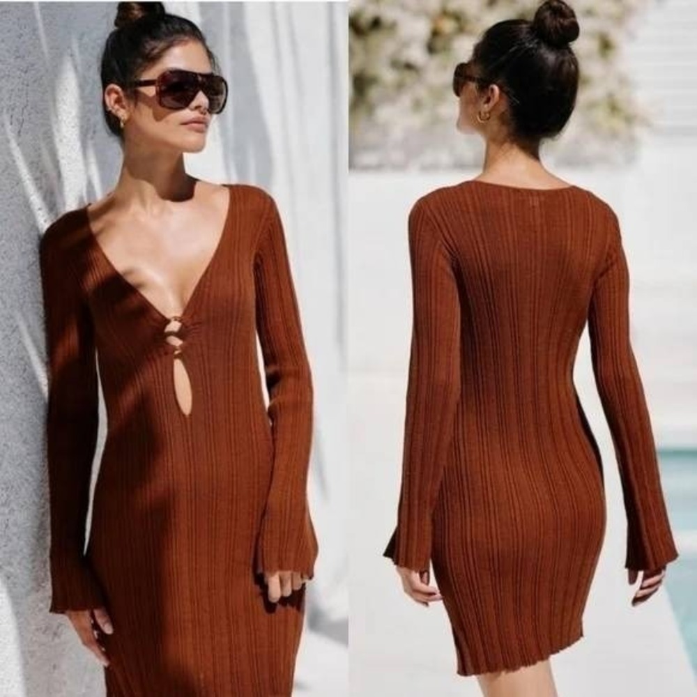 NWT L Space Wailea Cover Up Mini Dress Womens M Ribbed Linen Blend Boho Beach
